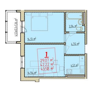 1 комнатная 43.58м²