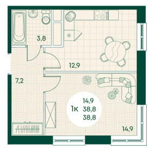 1 комнатная 38.8м²