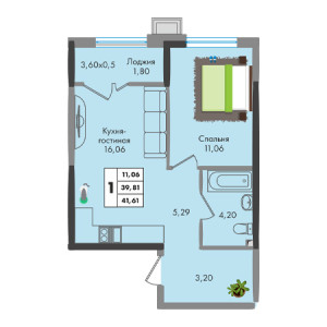 1 комнатная 41.61м²