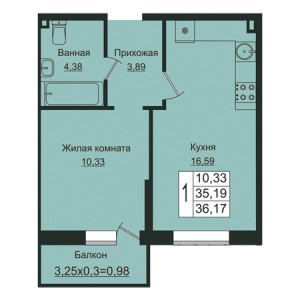 1 комнатная 36.17м²