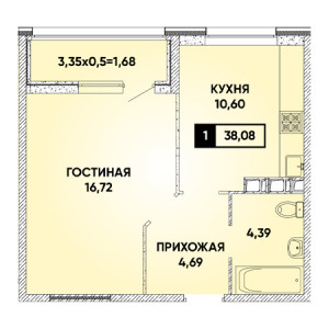 1 комнатная 38.08м²