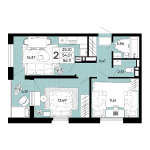 2 комнатная 56.11м²