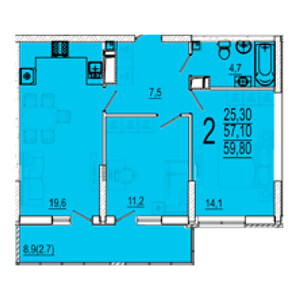 2 комнатная 59.8м²