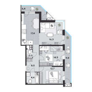 3 комнатная 91.5м²