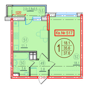 1 комнатная 37.6м²