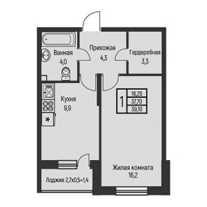 1 комнатная 39.1м²