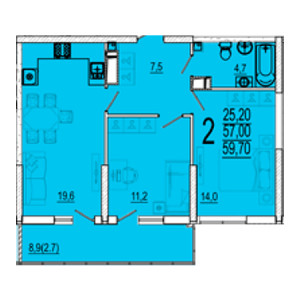 2 комнатная 59.7м²