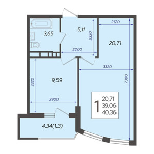 1 комнатная 40.36м²