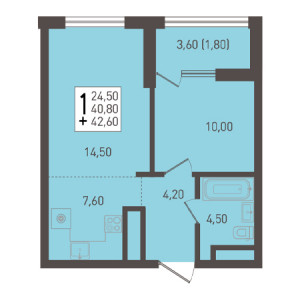 1 комнатная 42.6м²