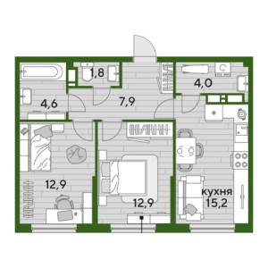 2 комнатная 59.3м²