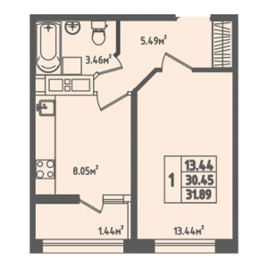 1 комнатная 31.89м²