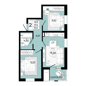 2 комнатная 52.2м²