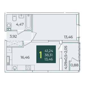 1 комнатная 41.24м²