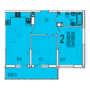 2 комнатная 59.3м²