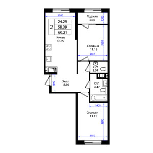 2 комнатная 60.21м²