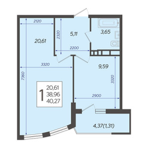 1 комнатная 40.27м²