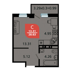 Студия 28.63м²