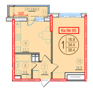 1 комнатная 36.4м²