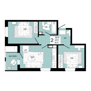 2 комнатная 51.71м²