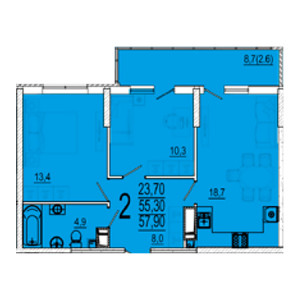 2 комнатная 57.9м²