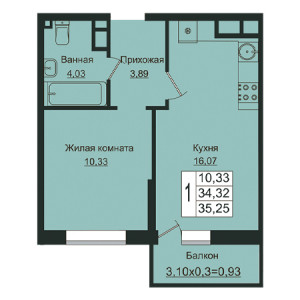 1 комнатная 35.25м²