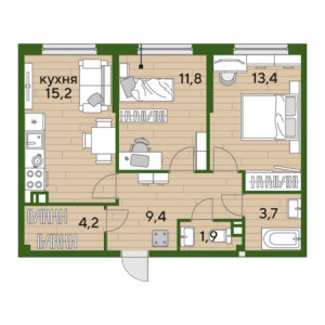 2 комнатная 56.6м²