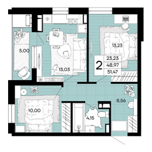 2 комнатная 51.47м²