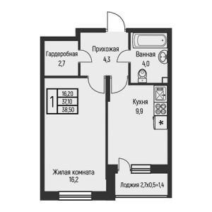 1 комнатная 38.5м²