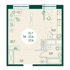 1 комнатная 37.6м²