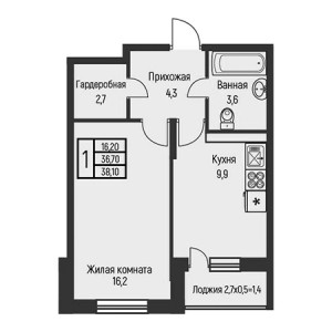 1 комнатная 38.1м²