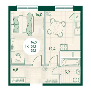 1 комнатная 37.1м²