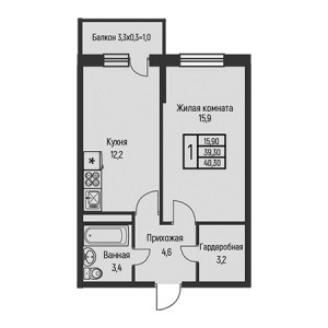 1 комнатная 40.3м²