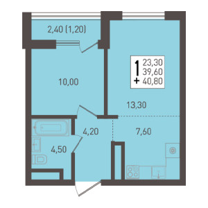 1 комнатная 40.8м²