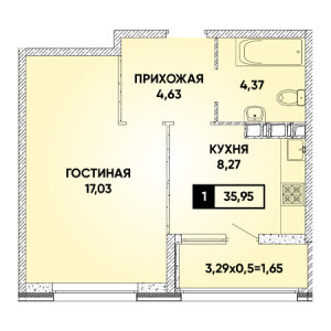 1 комнатная 35.95м²