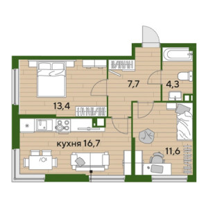 2 комнатная 53.7м²