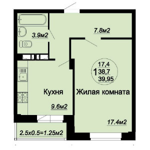 1 комнатная 39.95м²