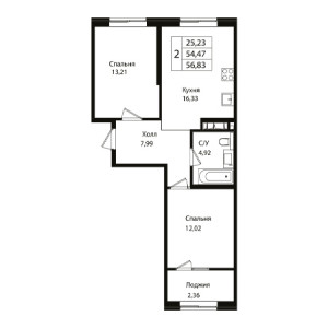 2 комнатная 56.83м²