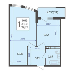 1 комнатная 39.72м²