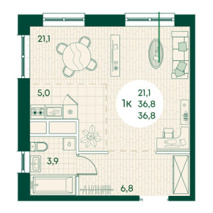 1 комнатная 36.8м²