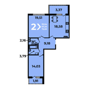 2 комнатная 72.53м²