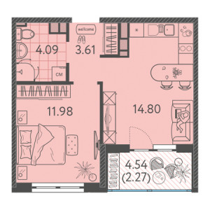 1 комнатная 36.75м²