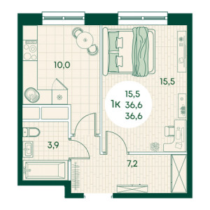 1 комнатная 36.6м²