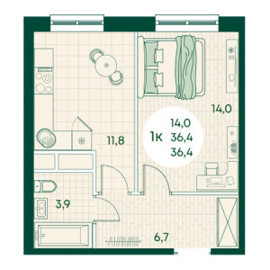 1 комнатная 36.4м²