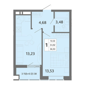 1 комнатная 36.5м²