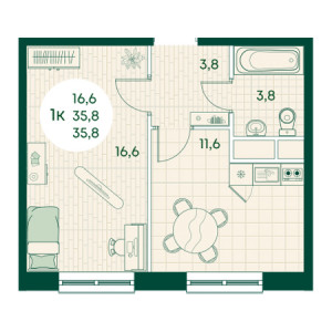 1 комнатная 35.8м²