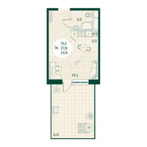 1 комнатная 33.8м²