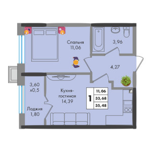 1 комнатная 35.48м²