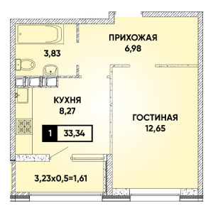 1 комнатная 33.34м²