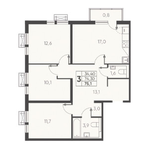 3 комнатная 75.1м²