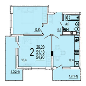 2 комнатная 54.9м²